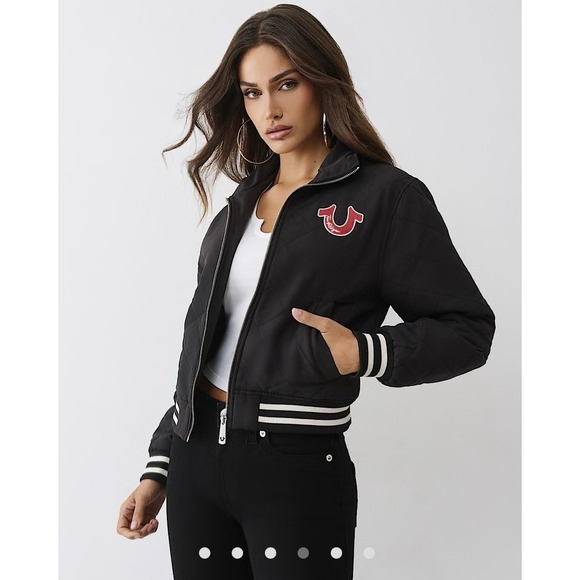 True Religion Bomber Jacket Mens L BLack Quilted Full Zip Logo Horseshoe Varsity